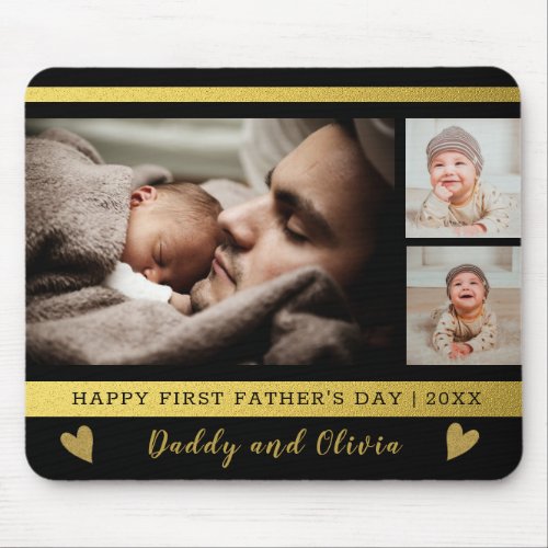 First Fathers Day 3 Photo Collage Black And Gold Mouse Pad