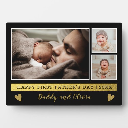 First Fathers Day 3 Photo Collage Black And Gold Plaque
