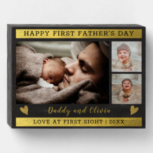 First Father's Day 3 Photo Collage Black And Gold Wooden Box Sign