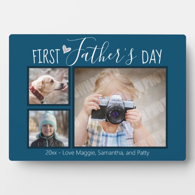 First Fathers Day 3 Photo Collage Blue Plaque (Front)