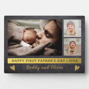 First Father's Day 3 Photo Collage Chalkboard Plaque