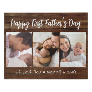 First Father's Day 3 Photo Collage  Dark Wood   Faux Canvas Print