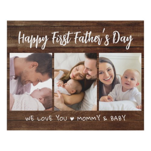 First Fathers Day 3 Photo Collage  Dark Wood   Faux Canvas Print