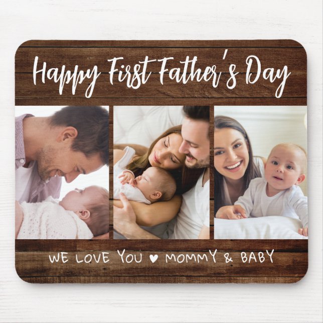 First Father's Day 3 Photo Collage  Dark Wood   Mouse Pad (Front)