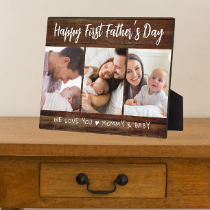 First Father's Day 3 Photo Collage  Dark Wood   Plaque