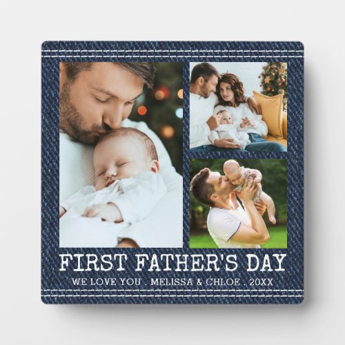 FIRST FATHERS DAY 3 Photo Collage Faux Denim Plaque