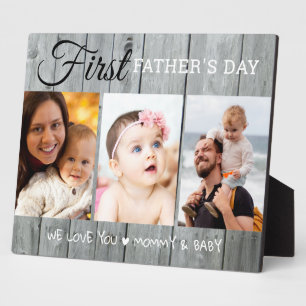 First Father's Day 3 Photo Collage Gray Wood Plaque