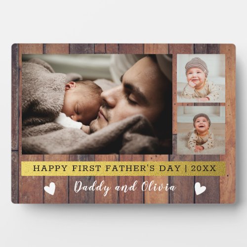 First Fathers Day 3 Photo Collage Rustic Wood   Plaque