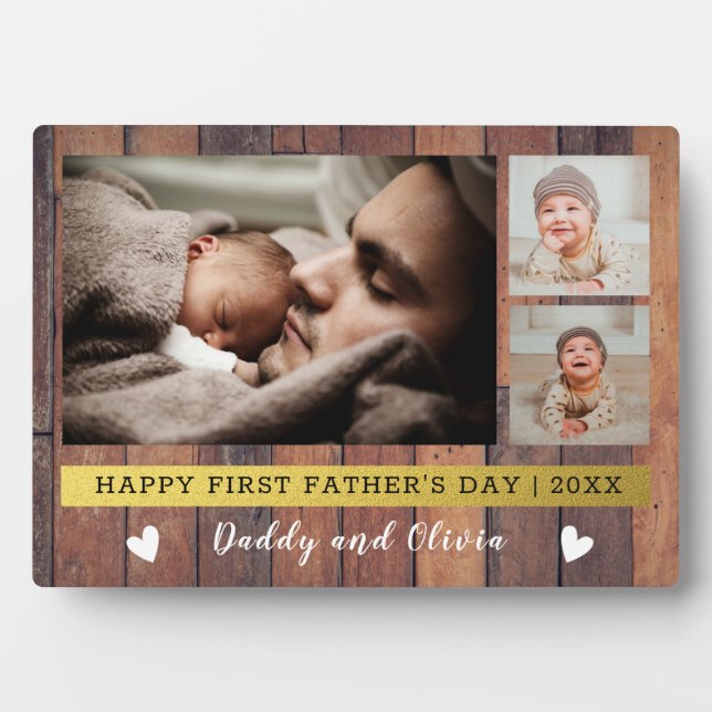 First Father's Day 3 Photo Collage Rustic Wood   Plaque (Front)