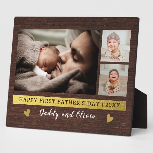 First Fathers Day 3 Photo Collage Rustic Wood   Plaque