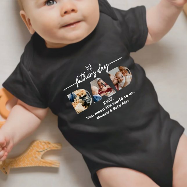 First Father's Day 3 Photos Collage Black Baby Bodysuit (Creator Uploaded)