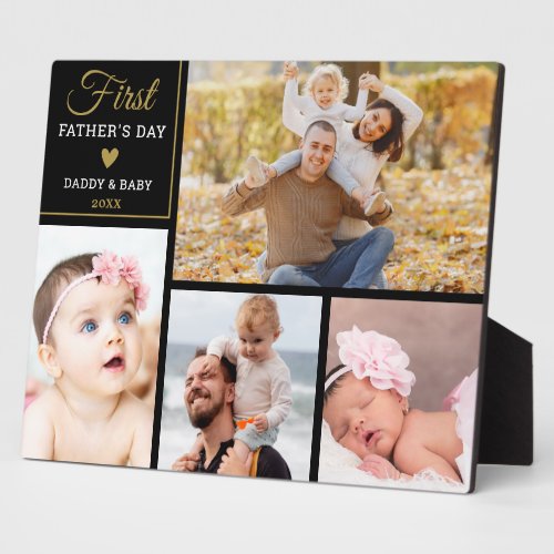 First Fathers Day 4 photo Collage Black And Gold Plaque