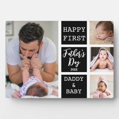 First Fathers Day 4 Photo Collage Modern Black Plaque