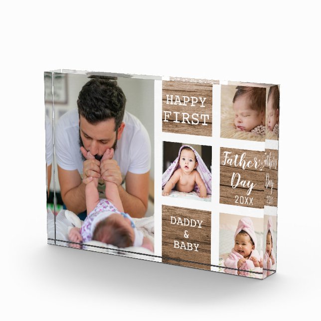 First Father's Day 4 Photo Collage Rustic Wood Block (Right)