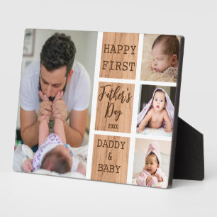 First Father's Day 4 Photo Collage Rustic Wood Plaque