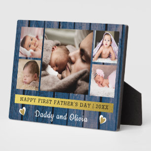 First Father's Day 5 Photo Collage Blue Wood Plaque