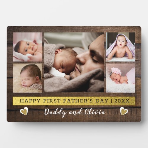  First Fathers Day 5 Photo Collage Dark Wood Plaque