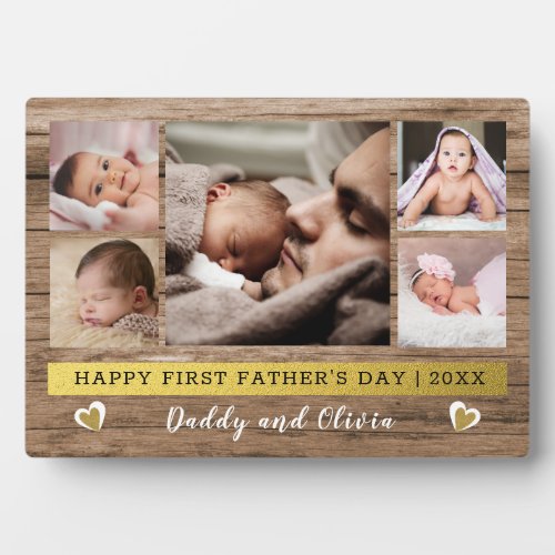  First Fathers Day 5 Photo Collage Rustic Wood Plaque