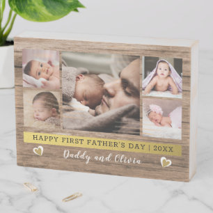 First Father's Day 5 Photo Collage Rustic Wood Wooden Box Sign