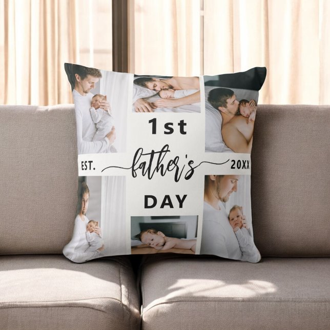 First Father's Day 6 Photo Collage Throw Pillow (Creator Uploaded)
