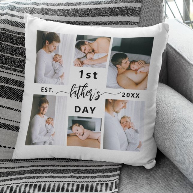 First Father's Day 6 Photo Collage Throw Pillow (Creator Uploaded)