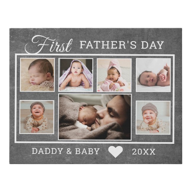 First Father's Day 7 Photo Collage Chalkboard Faux Canvas Print (Front)