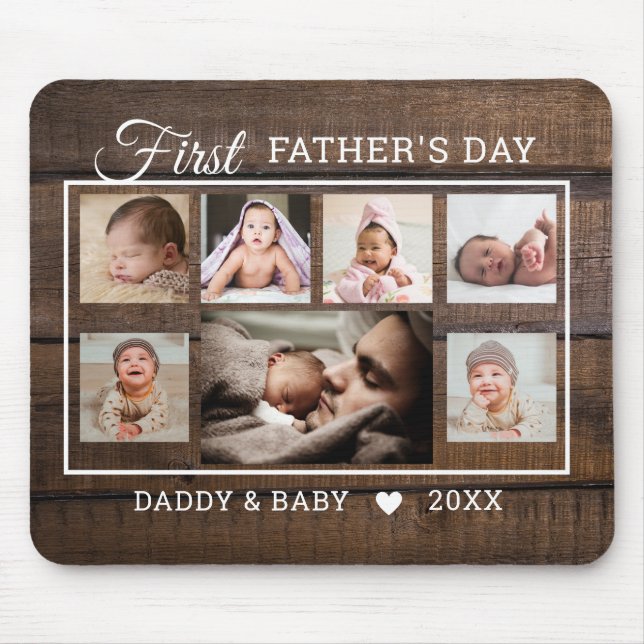 First Father's Day 7 Photo Collage Dark Barnwood   Mouse Pad (Front)