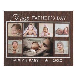 First Father&#39;s Day 7 Photo Collage Dark Wood   Faux Canvas Print