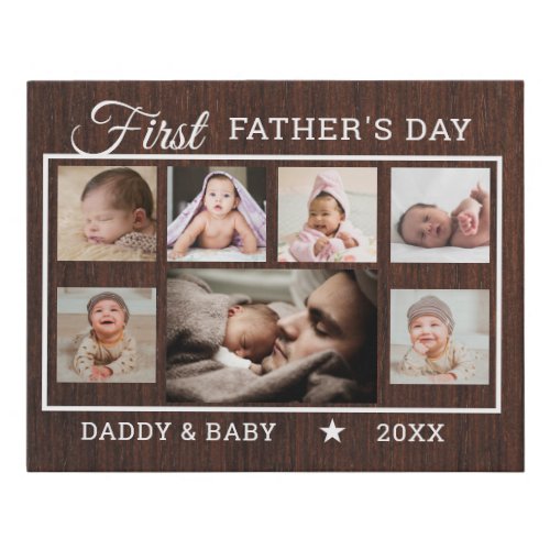 First Fathers Day 7 Photo Collage Dark Wood   Faux Canvas Print