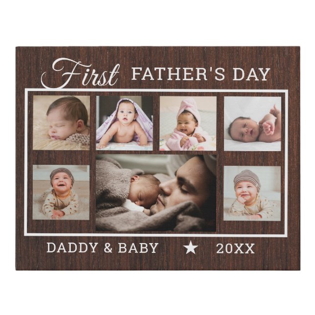 First Father's Day 7 Photo Collage Dark Wood   Faux Canvas Print (Front)