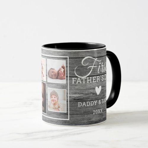 First Fathers Day 7 Photo Collage Gray Wood   Mug