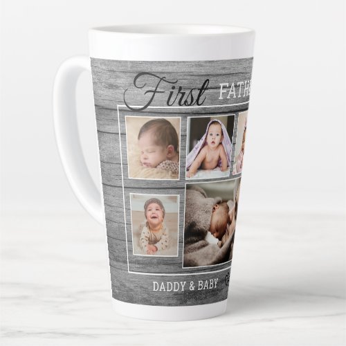 First Fathers Day 7 Photo Collage Grey Wood   Latte Mug