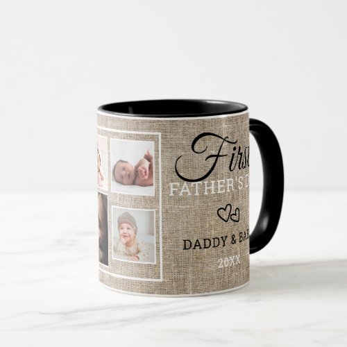 First Fathers Day 7 Photo Collage Rustic Burlap Mug