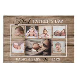 First Father&#39;s Day 7 Photo Collage Rustic Wood Big Faux Canvas Print