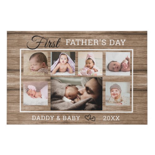 First Fathers Day 7 Photo Collage Rustic Wood Big Faux Canvas Print