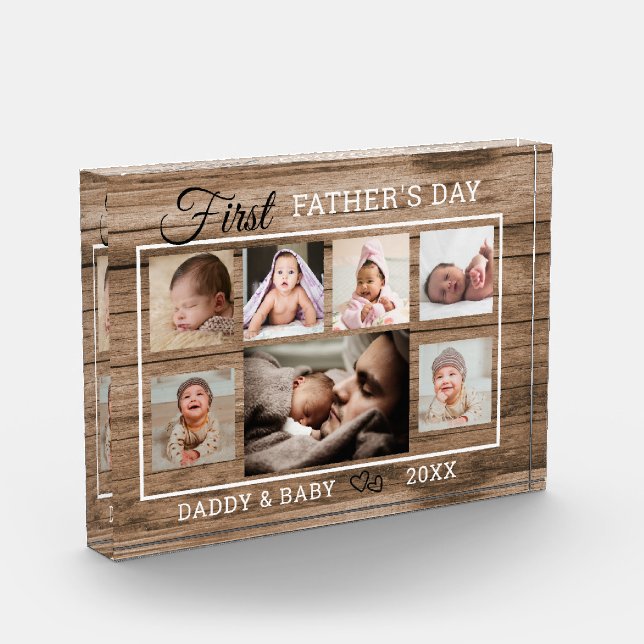 First Father's Day 7 Photo Collage Rustic Wood Block (Left)