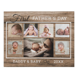 First Father&#39;s Day 7 Photo Collage Rustic Wood Faux Canvas Print