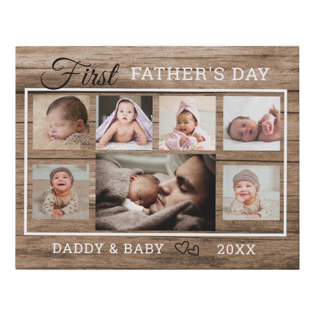 First Father's Day 7 Photo Collage Rustic Wood Faux Canvas Print (Front)
