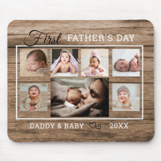 First Father's Day 7 Photo Collage Rustic Wood Mouse Pad