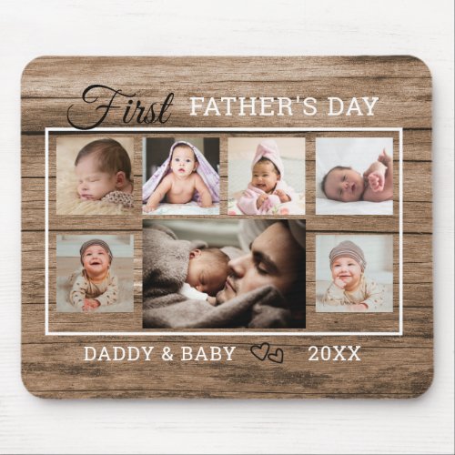First Fathers Day 7 Photo Collage Rustic Wood Mouse Pad