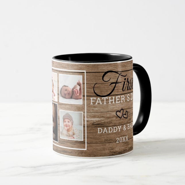 First Father's Day 7 Photo Collage Rustic Wood Mug (Front Right)