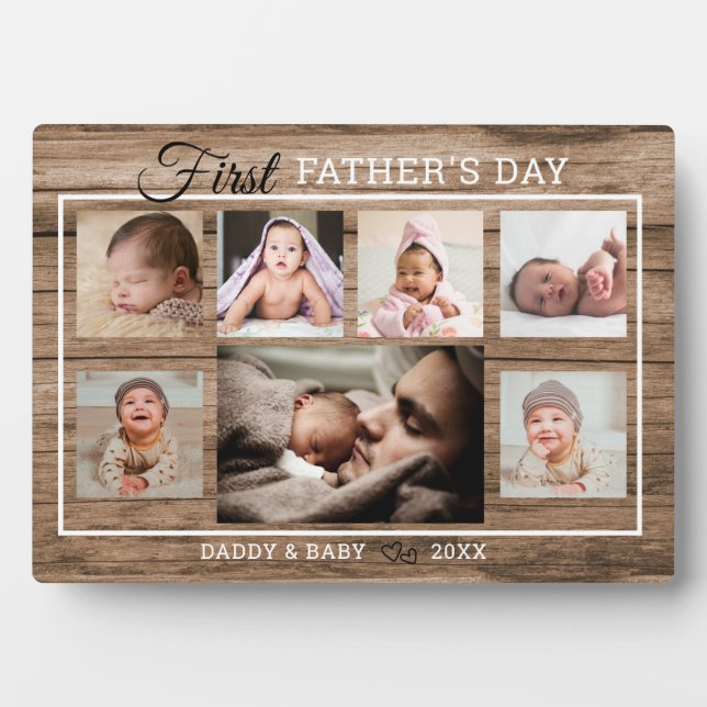 First Father's Day 7 Photo Collage Rustic Wood Plaque (Front)