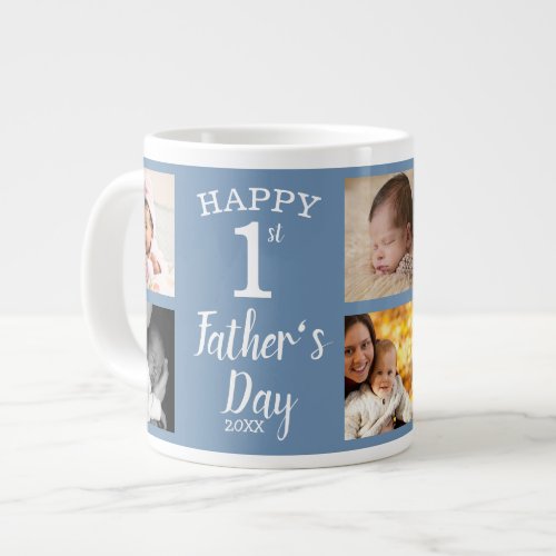 First Fathers Day 8 Family Photo Collage Blue Giant Coffee Mug