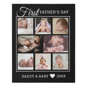 First Father's Day 8 Photo Collage Black Faux Canvas Print