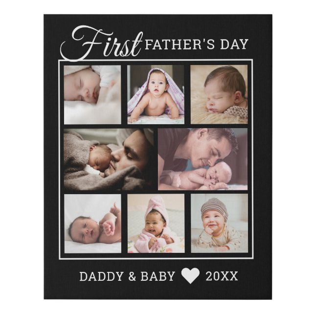 First Father's Day 8 Photo Collage Black Faux Canvas Print (Front)