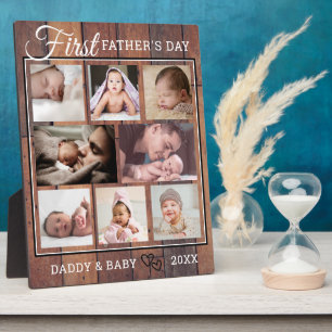 First Father's Day 8 Photo Collage Brown Wood Plaque