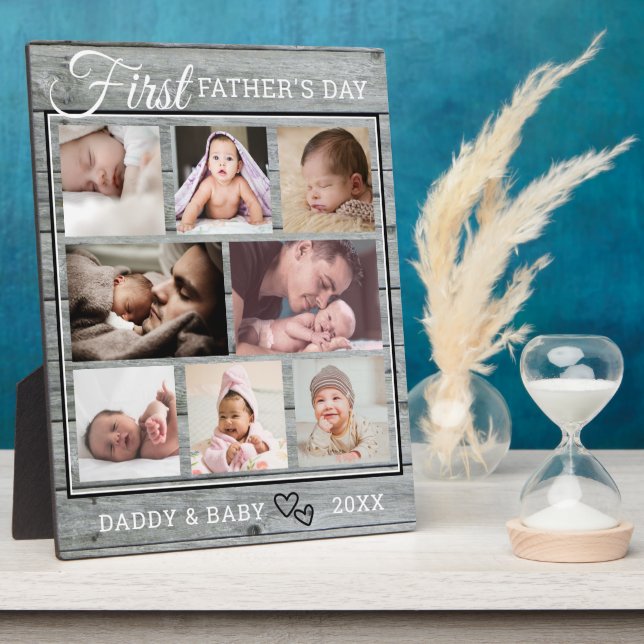 First Father's Day 8 Photo Collage Gray Wood Plaque (Side)