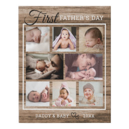 First Father&#39;s Day 8 Photo Collage Rustic Wood   Faux Canvas Print