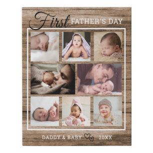 First Father's Day 8 Photo Collage Rustic Wood   Faux Canvas Print