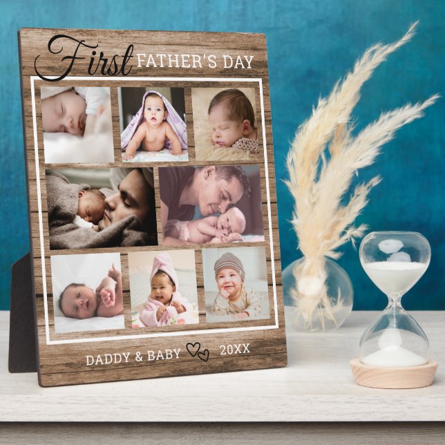 First Father's Day 8 Photo Collage Rustic Wood Plaque (Side)